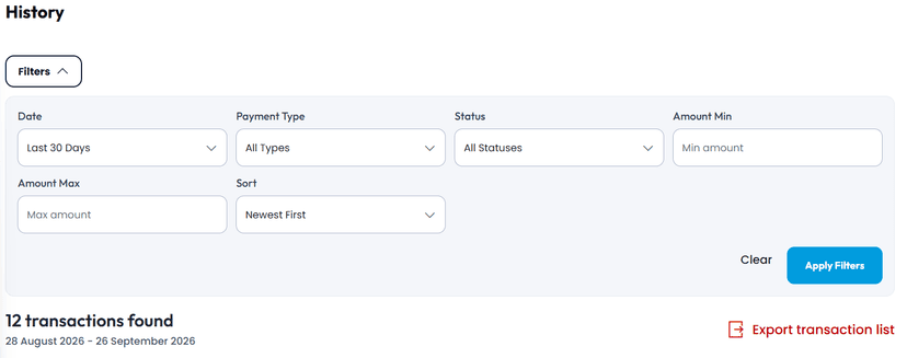 Filter and export options