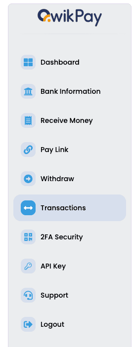 Transactions menu