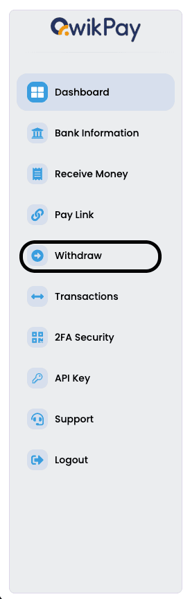 Dashboard with Withdrawal option
