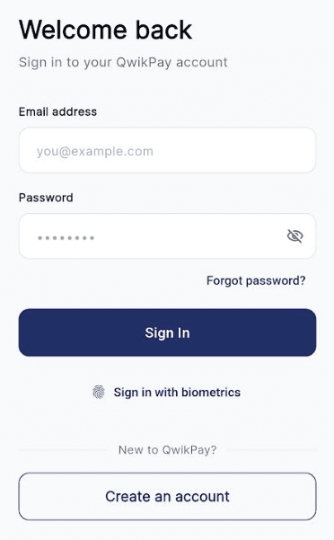 Create account screen