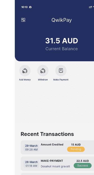 QwikPay app home screen showing balance and navigation