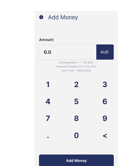 Add Money screen with numeric keypad and amount field