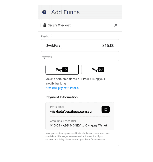 Add Funds screen showing PayID email and payment details
