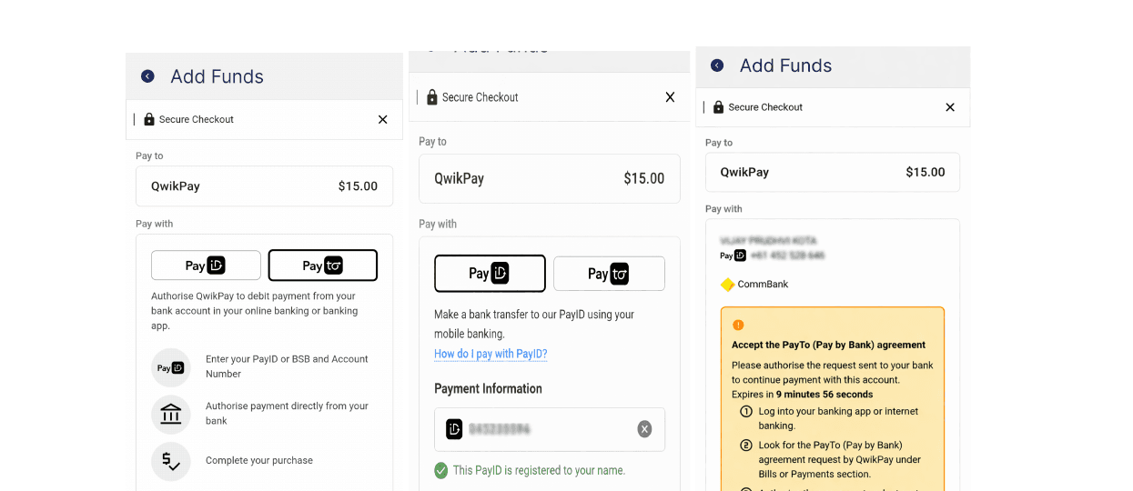 PayTo checkout screens showing payment details and authorisation flow