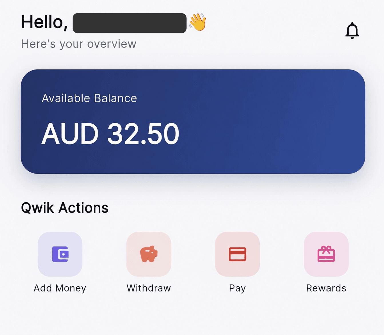 QwikPay account overview showing the Add Money action