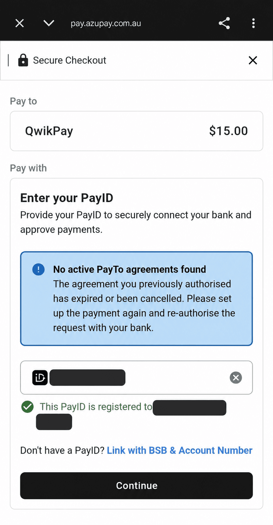 PayTo secure checkout showing a verified PayID and Continue button
