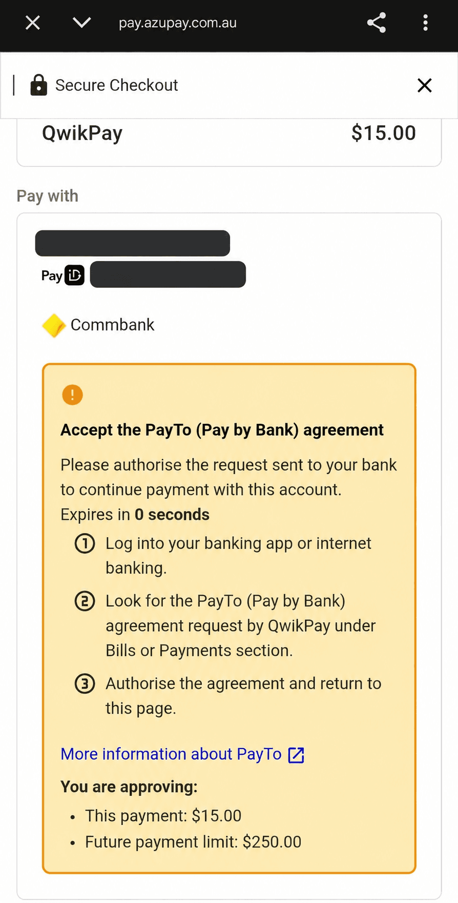 PayTo secure checkout asking the customer to accept the PayTo agreement in their bank