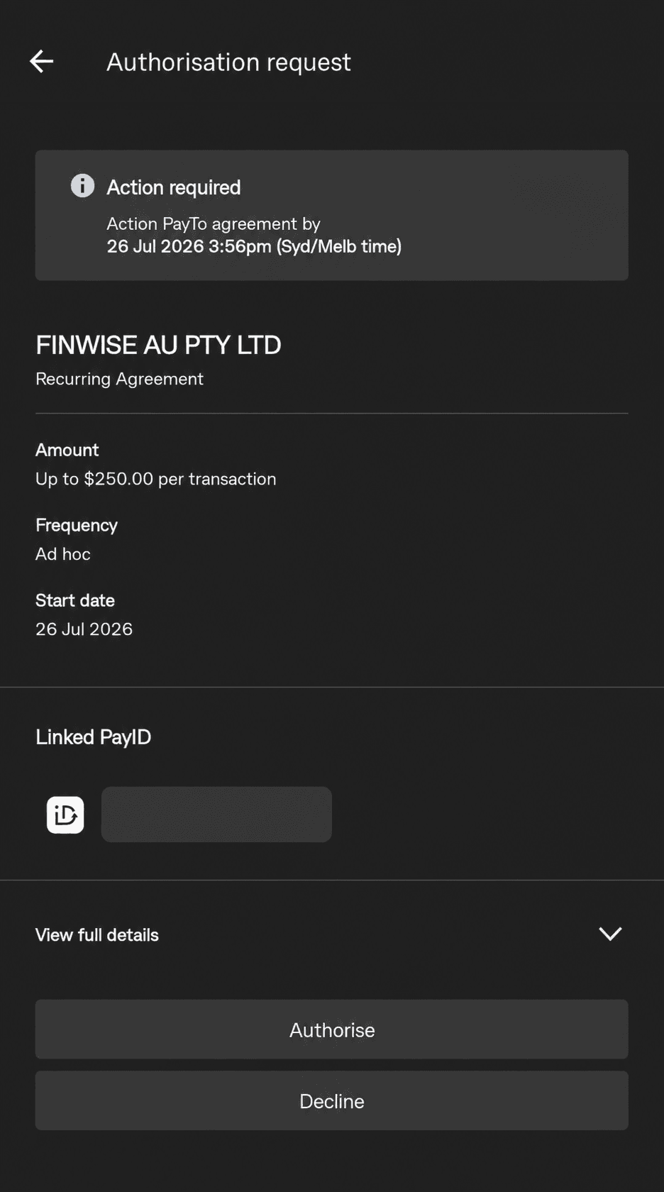 Banking app showing PayTo agreement details and the Authorise button